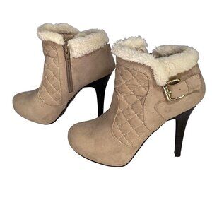 New Madeline Girl Tan Size 7.5 Faux Suede Sherpa Trim Booties Side Zip Stiletto